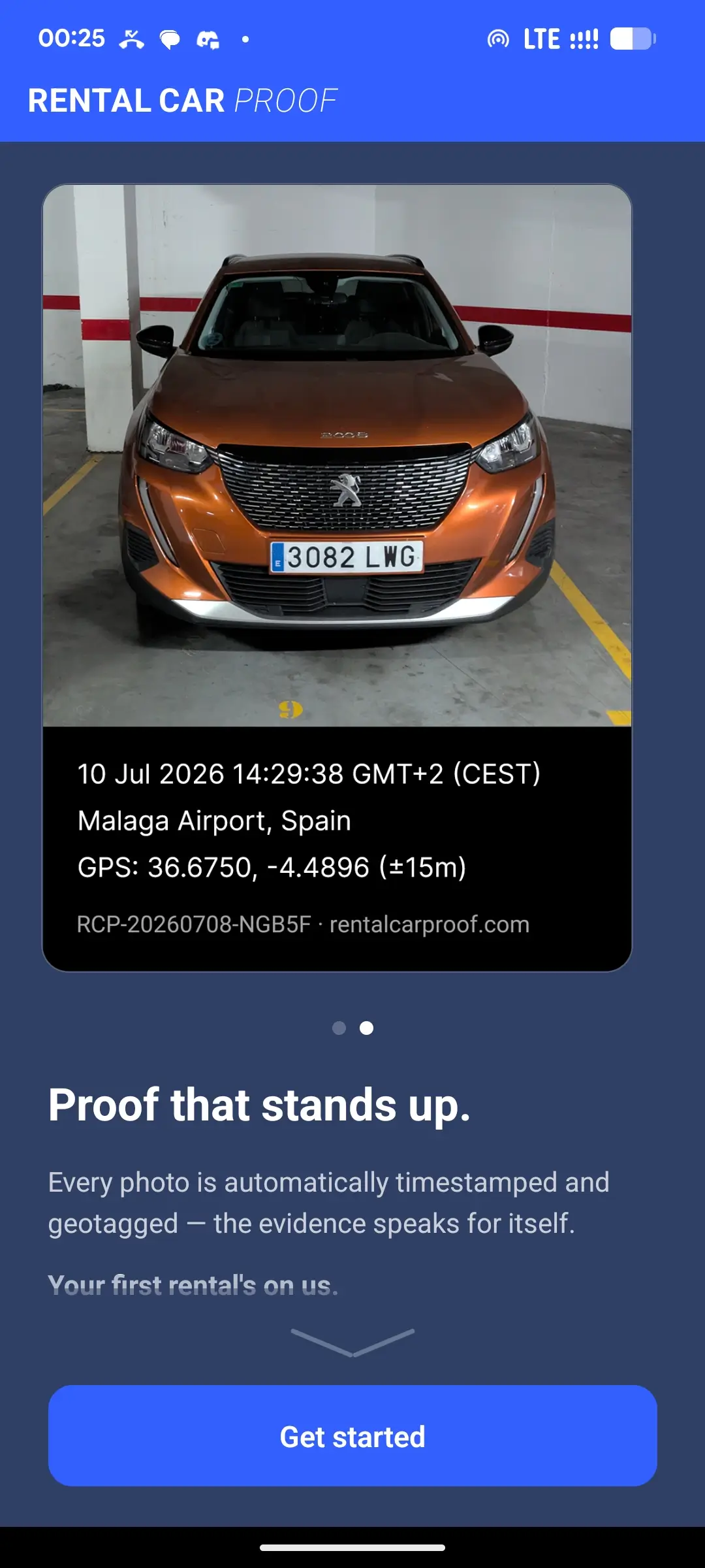 Rental Car Proof guided walk-around showing step 1 of 19, front of vehicle