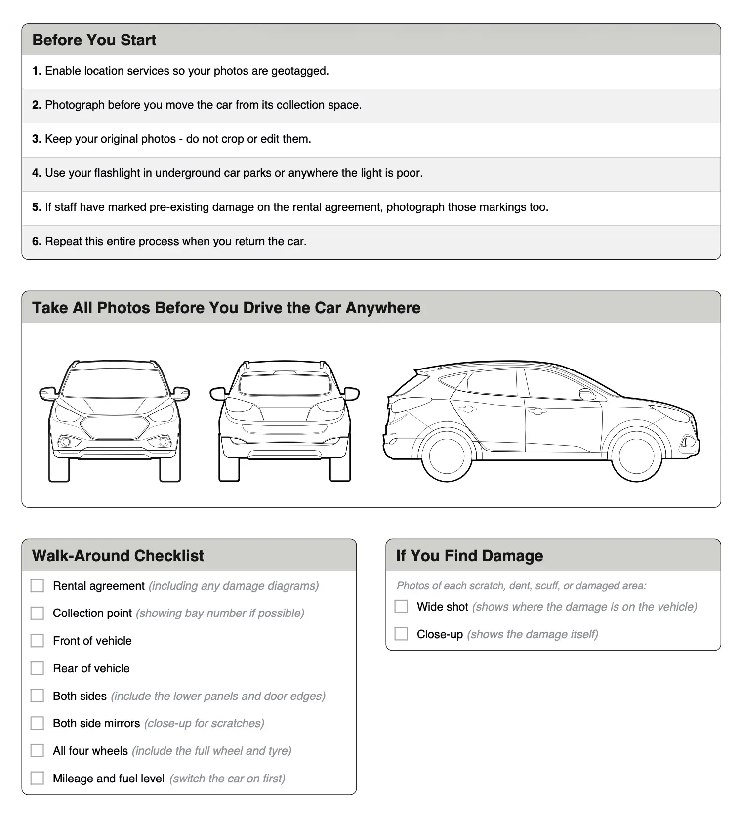 Hire Car Inspection Checklist — free printable PDF showing inspection checklist and damage documentation guide
