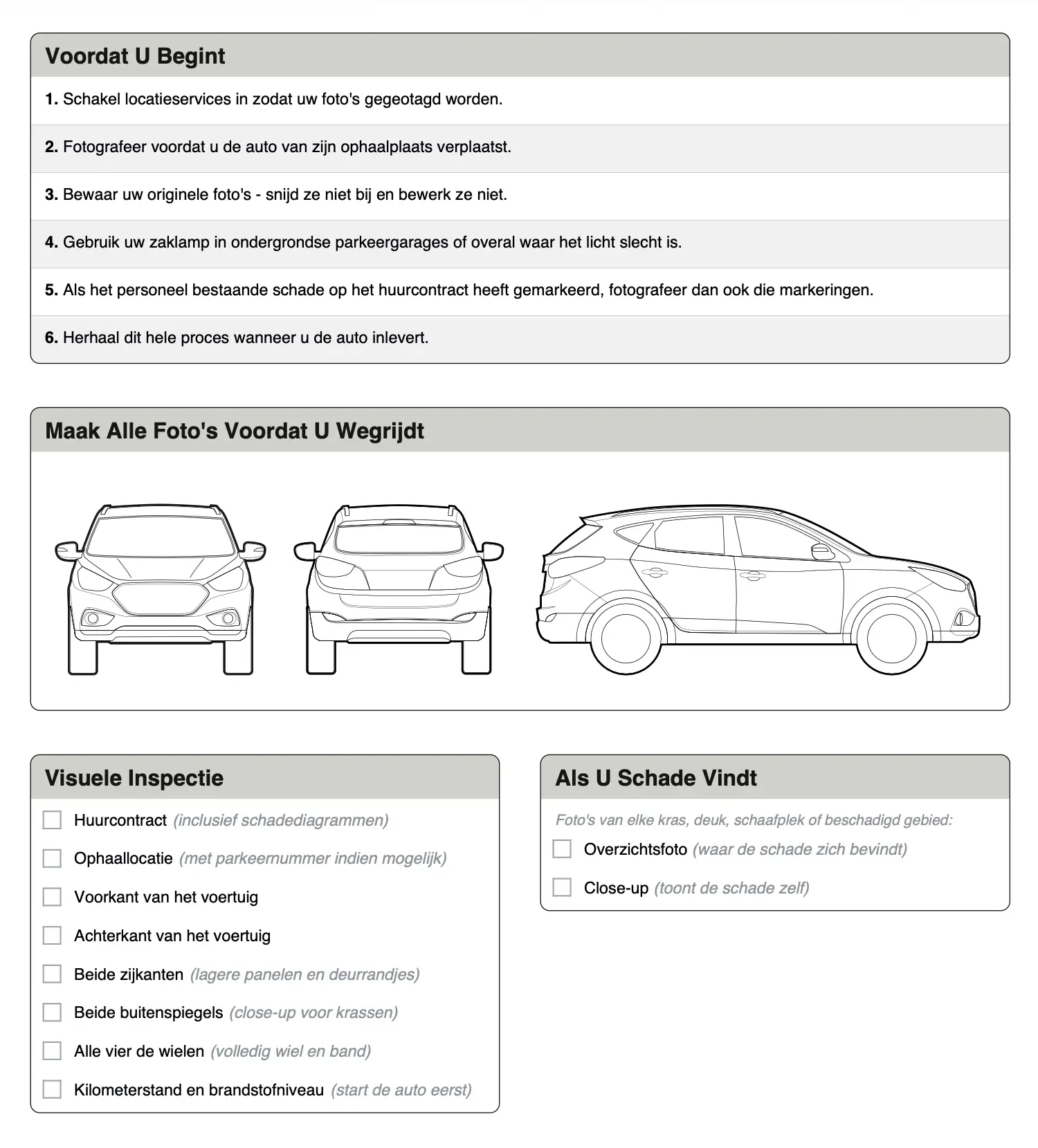 Inspectiechecklist voor je huurauto â gratis afdrukbare PDF met rondgangs-controlelijst en schade documentatiegids