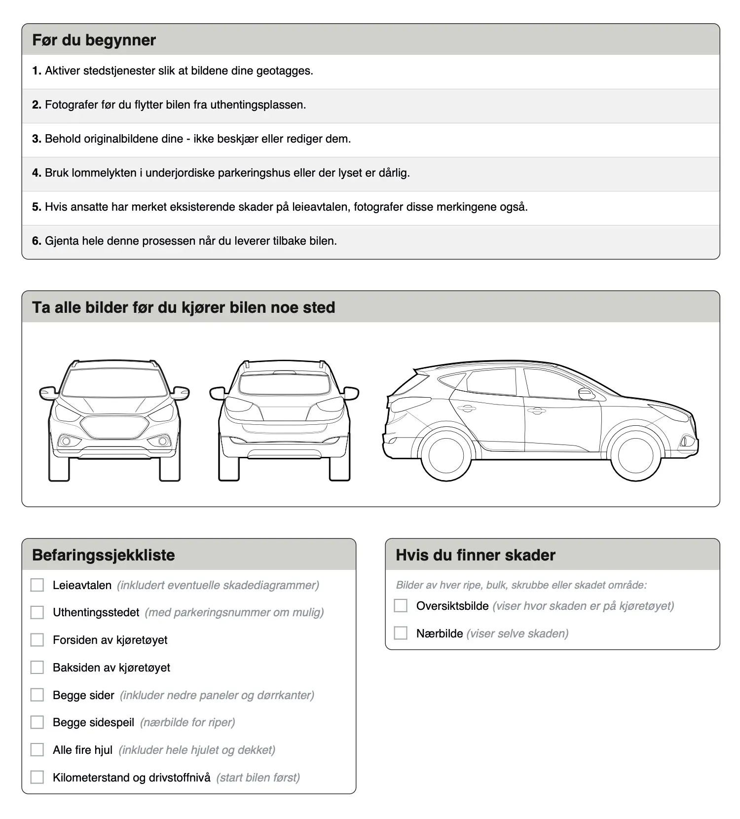 Leiebilsjekkliste — gratis PDF til utskrift med befaringssjekkliste og guide for skadedokumentasjon