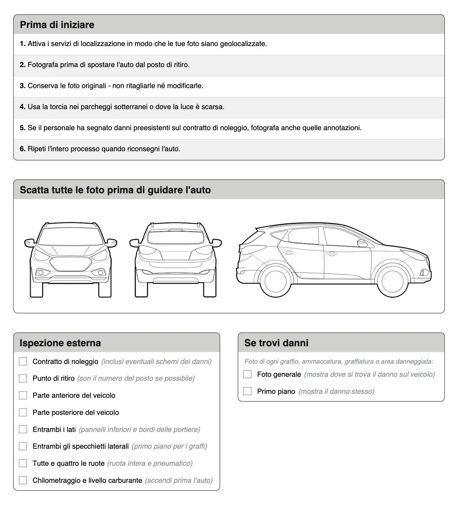 Lista di controllo per auto a noleggio — PDF gratuito da stampare con ispezione esterna e guida alla documentazione dei danni
