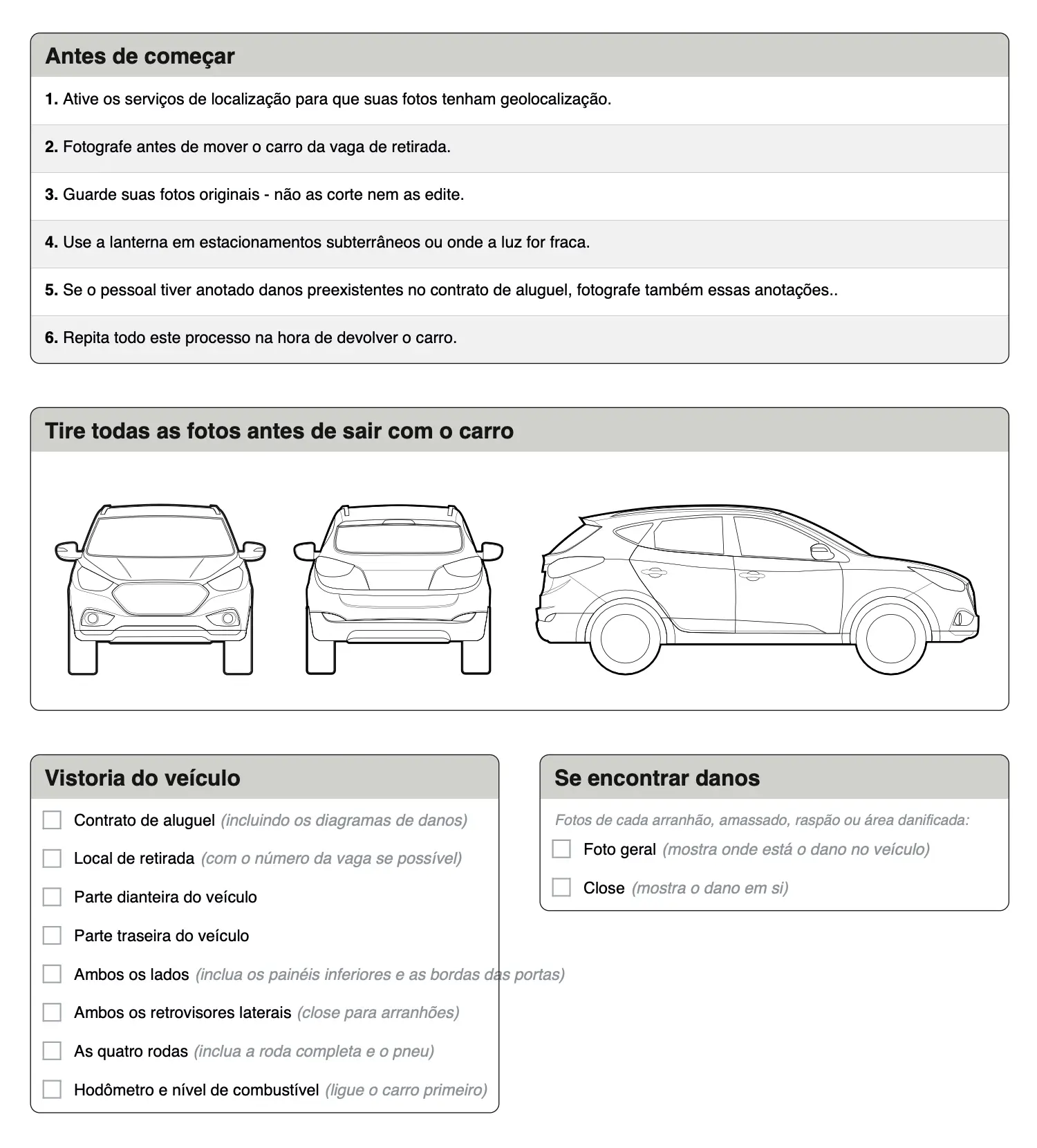 Lista de inspeção de carro alugado — PDF gratuito para imprimir com vistoria do veículo e guia de documentação de danos