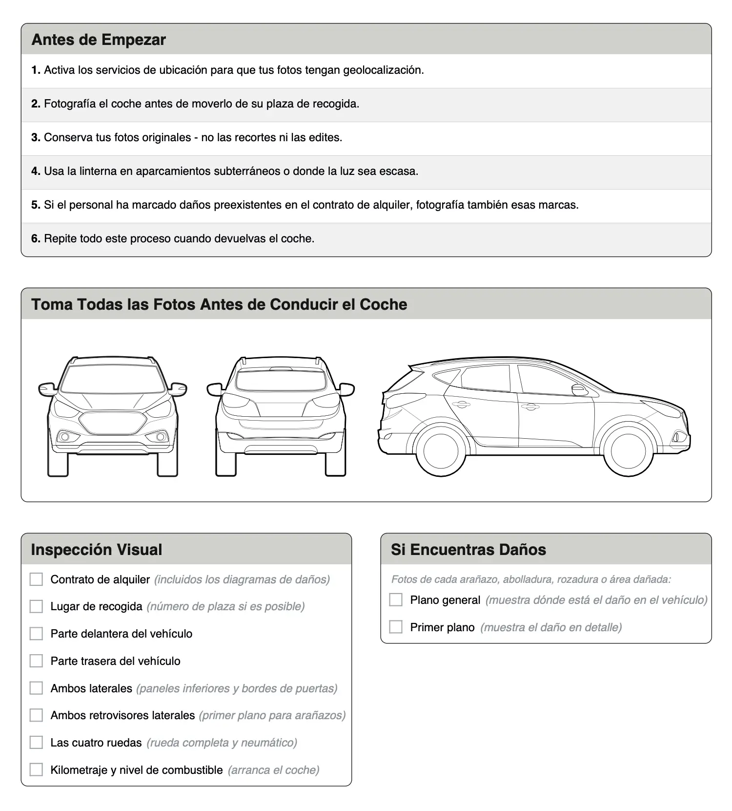 Lista de verificación de inspección de coche de alquiler — PDF imprimible gratuito con lista de inspección y guía de documentación de daños
