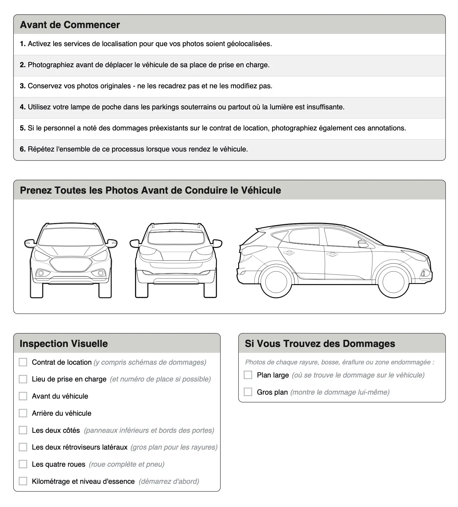 Liste d'Inspection de Voiture de Location — PDF imprimable gratuit avec liste d'inspection et guide de documentation des dommages