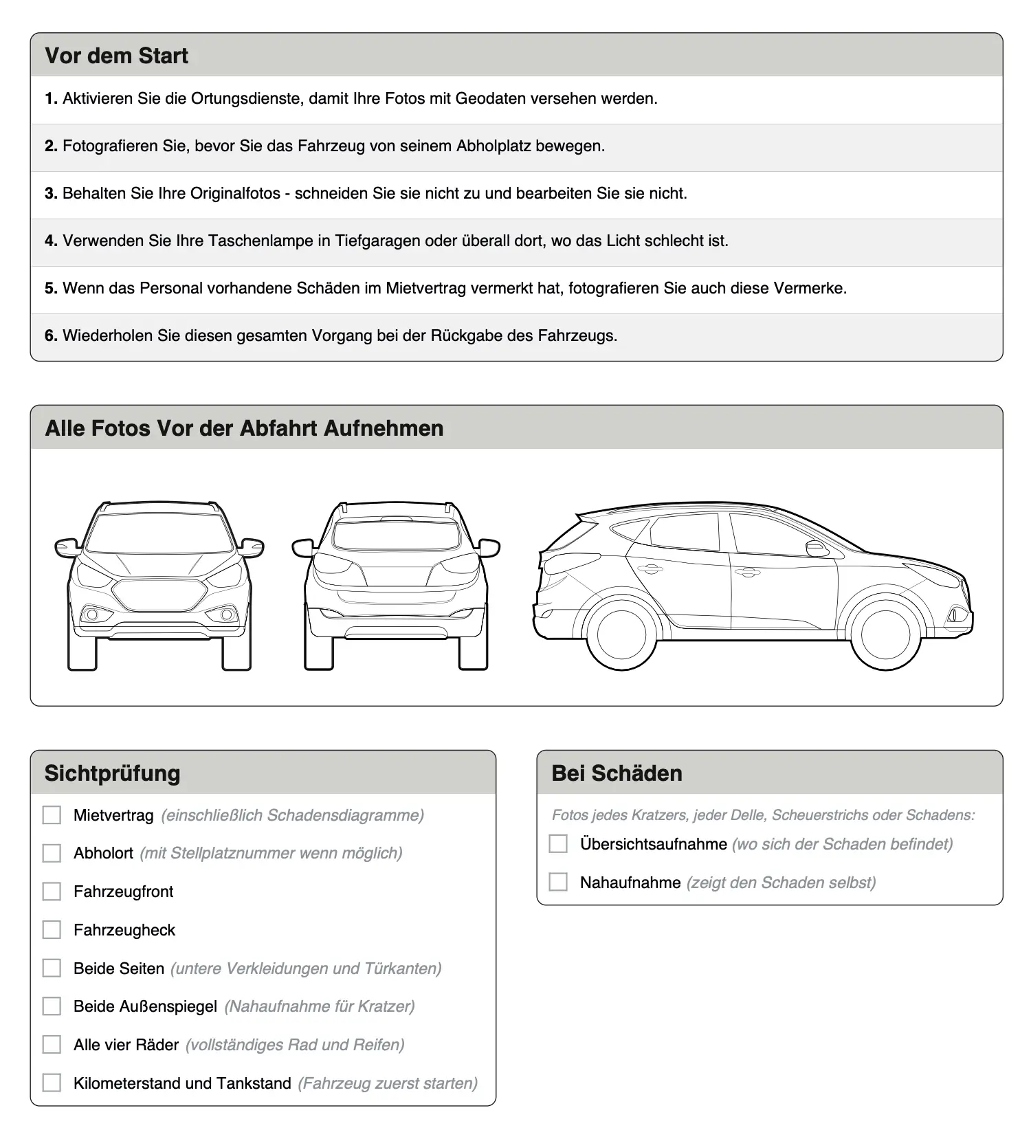 Mietwagen-Prüfliste — kostenloser druckbarer PDF mit Rundgang-Checkliste und Schadensdokumentationsanleitung
