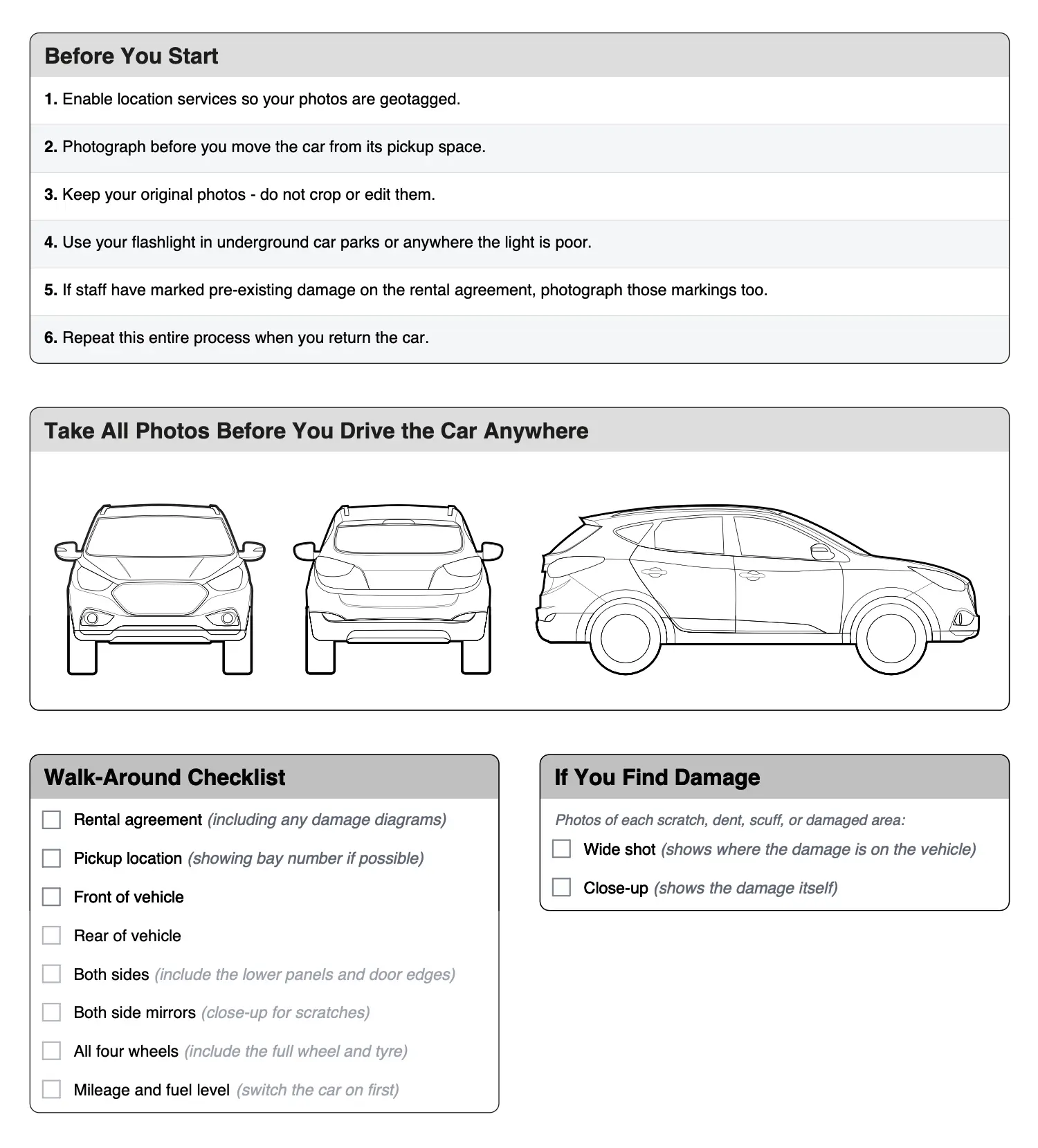 Rental Car Inspection Checklist — free printable PDF showing walk-around checklist and damage documentation guide