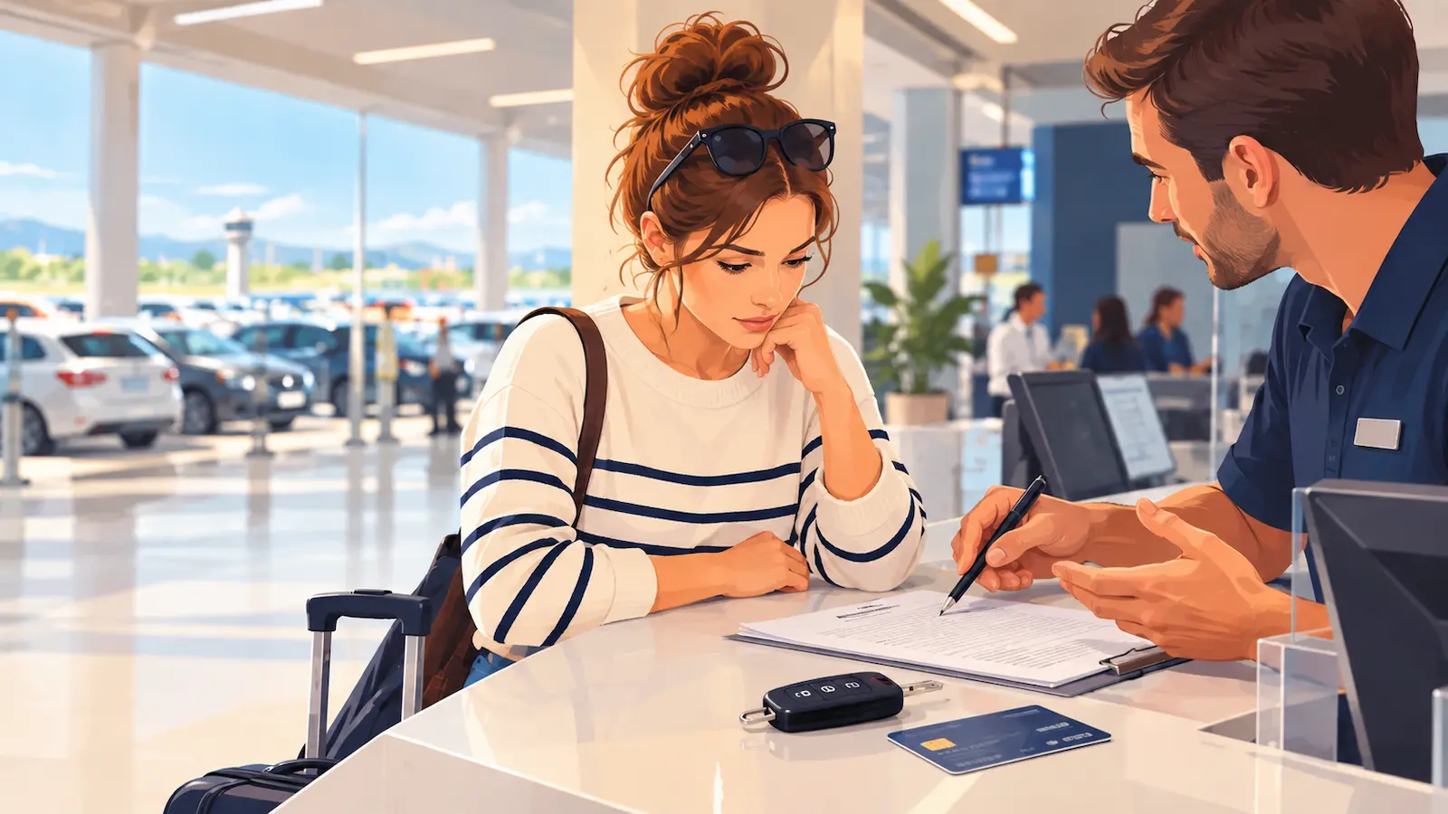 Renter reviewing rental car insurance and protection options at the rental counter