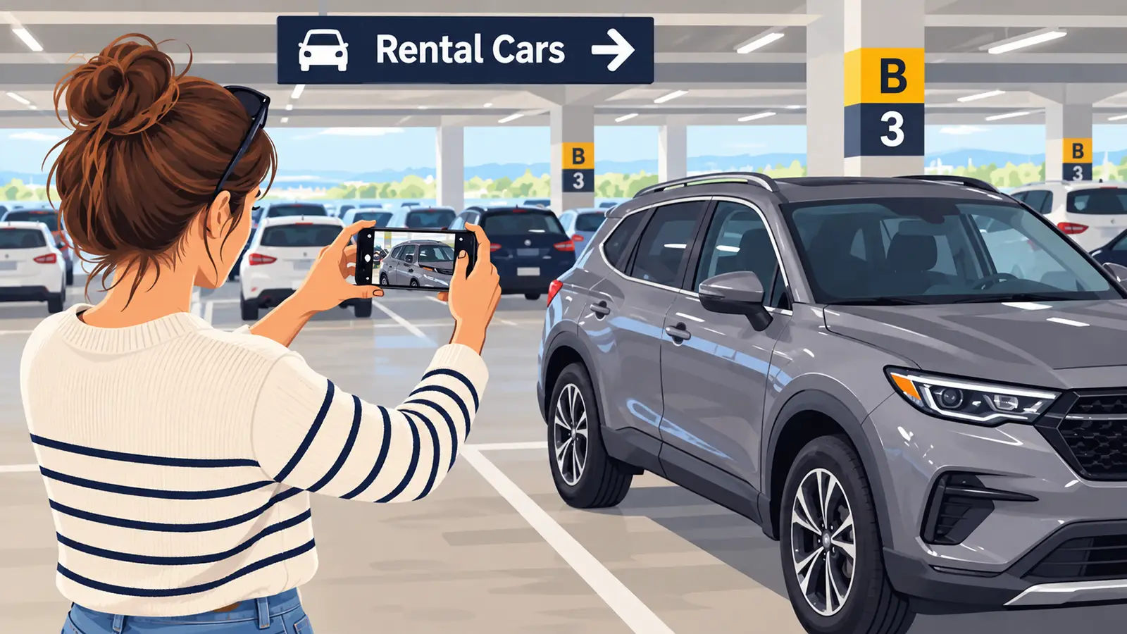 Femme photographiant une voiture de location à l'aéroport avant de partir